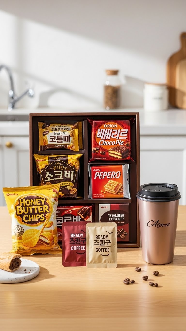 Gourmet Korean snack and coffee gift box arranged artfully on wooden table with vibrant packaging details.
