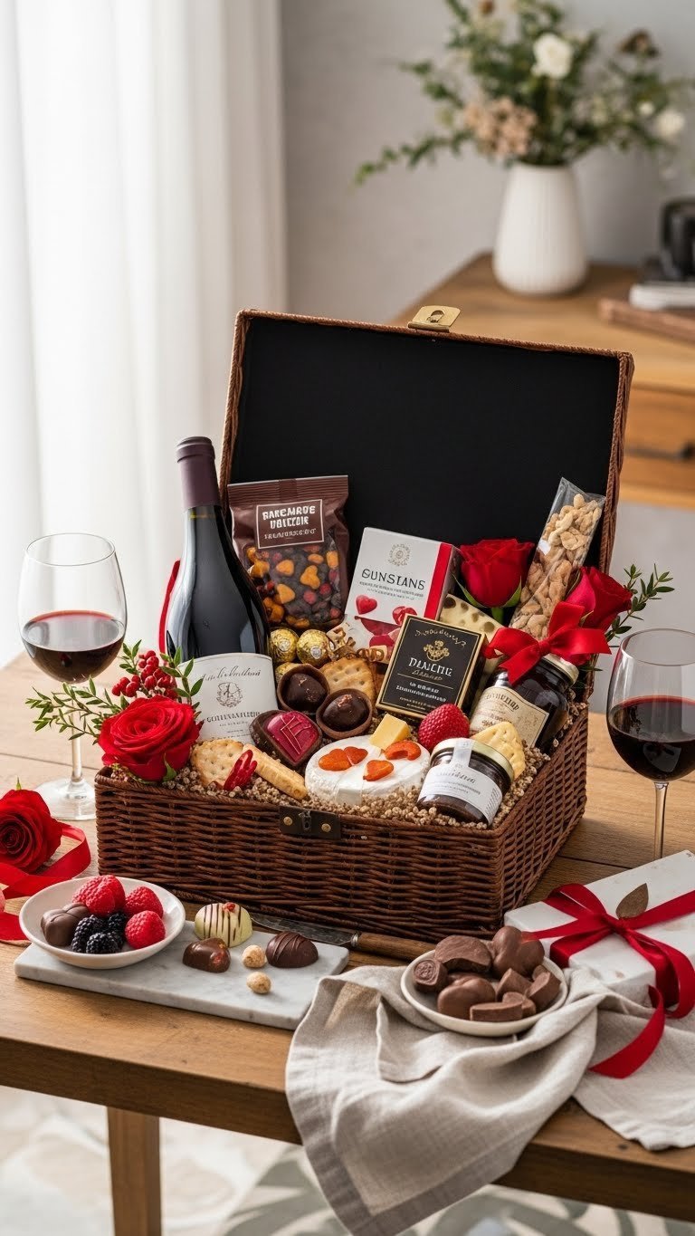 Gourmet Valentine's Day gift basket overflowing with artisanal chocolates, fine wine, and red roses on rustic table