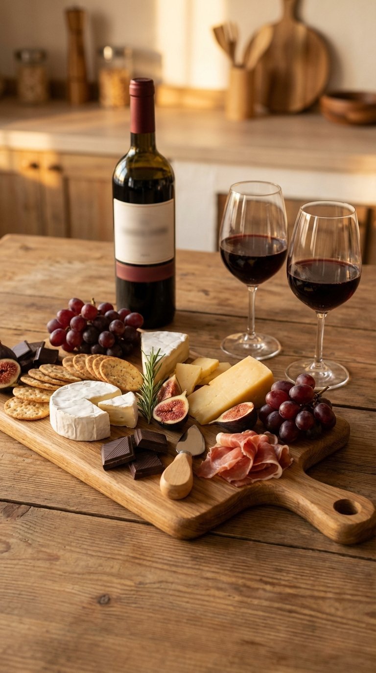 Gourmet charcuterie board with artisanal cheeses, crackers, and wine on rustic wooden table.