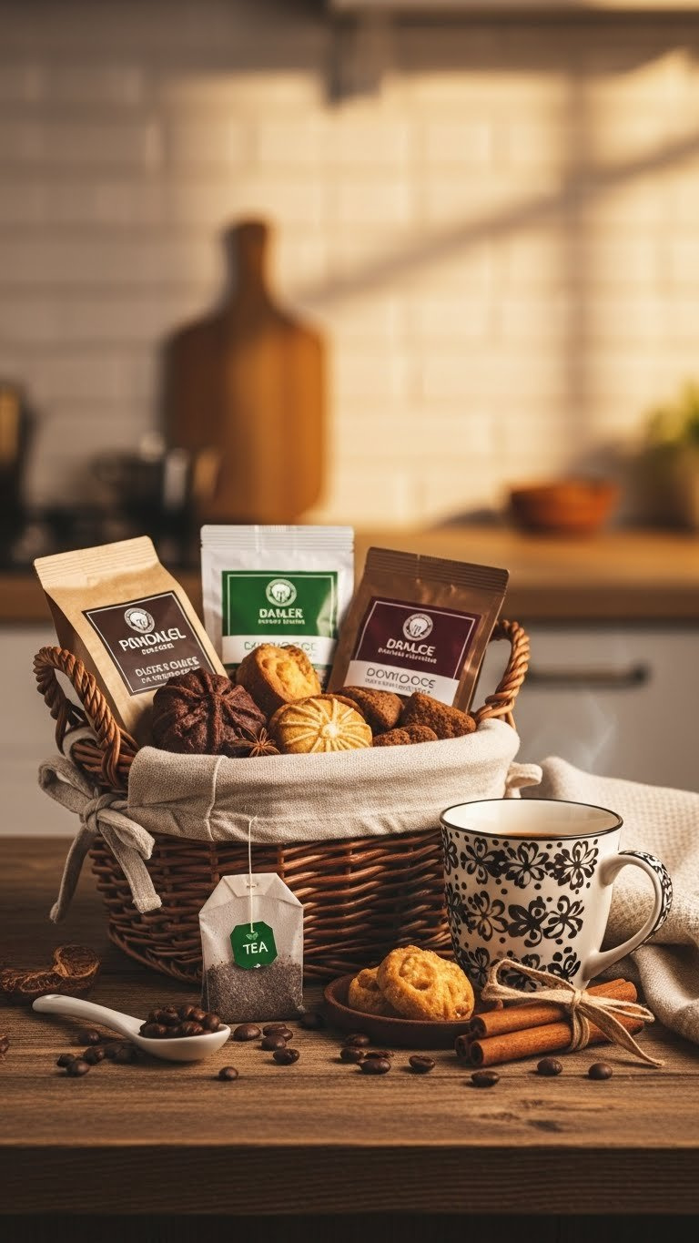 Gourmet coffee and tea basket with artisan beans, specialty tea bags, decorative mug, and treats arranged on rustic wooden table.