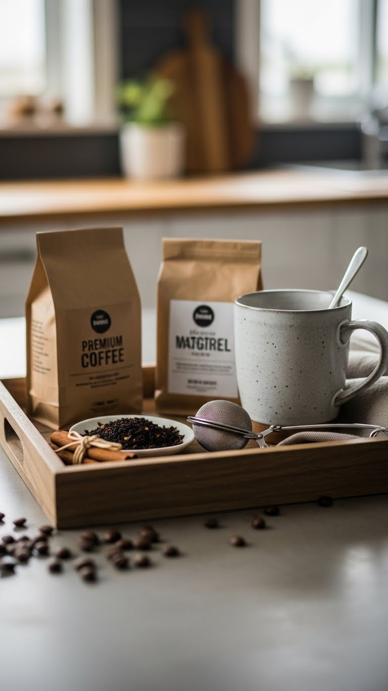 Gourmet coffee and tea kit arranged on rustic wooden tray with ceramic mug and loose-leaf tea