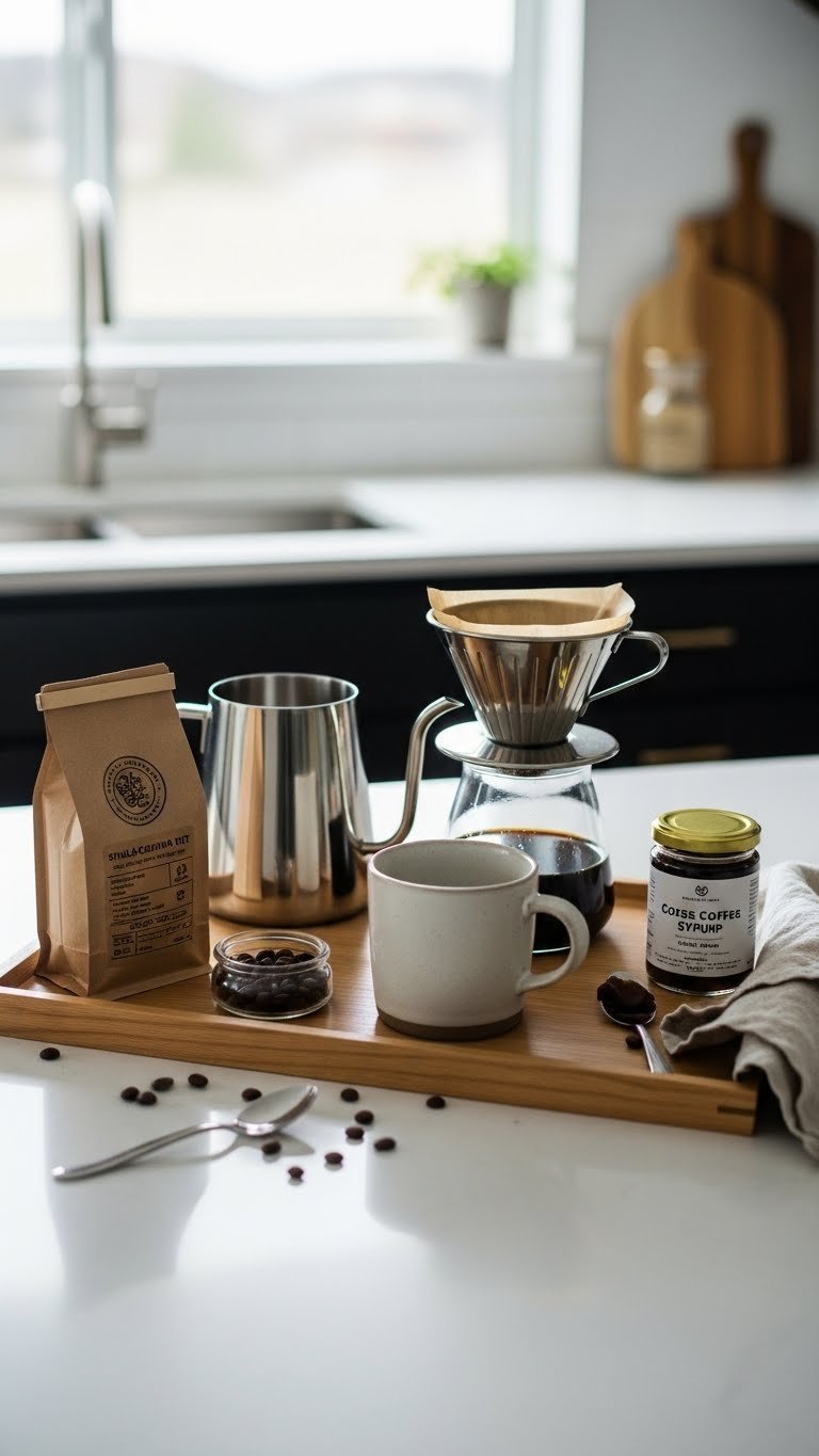 Gourmet coffee kit featuring single-origin beans, stainless steel pour-over maker, ceramic mug and syrup on wooden tray