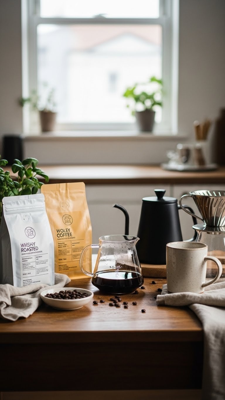Gourmet coffee kit with whole-bean coffee bags, pour-over maker, and ceramic mug arranged on rustic wooden table with soft natural lighting