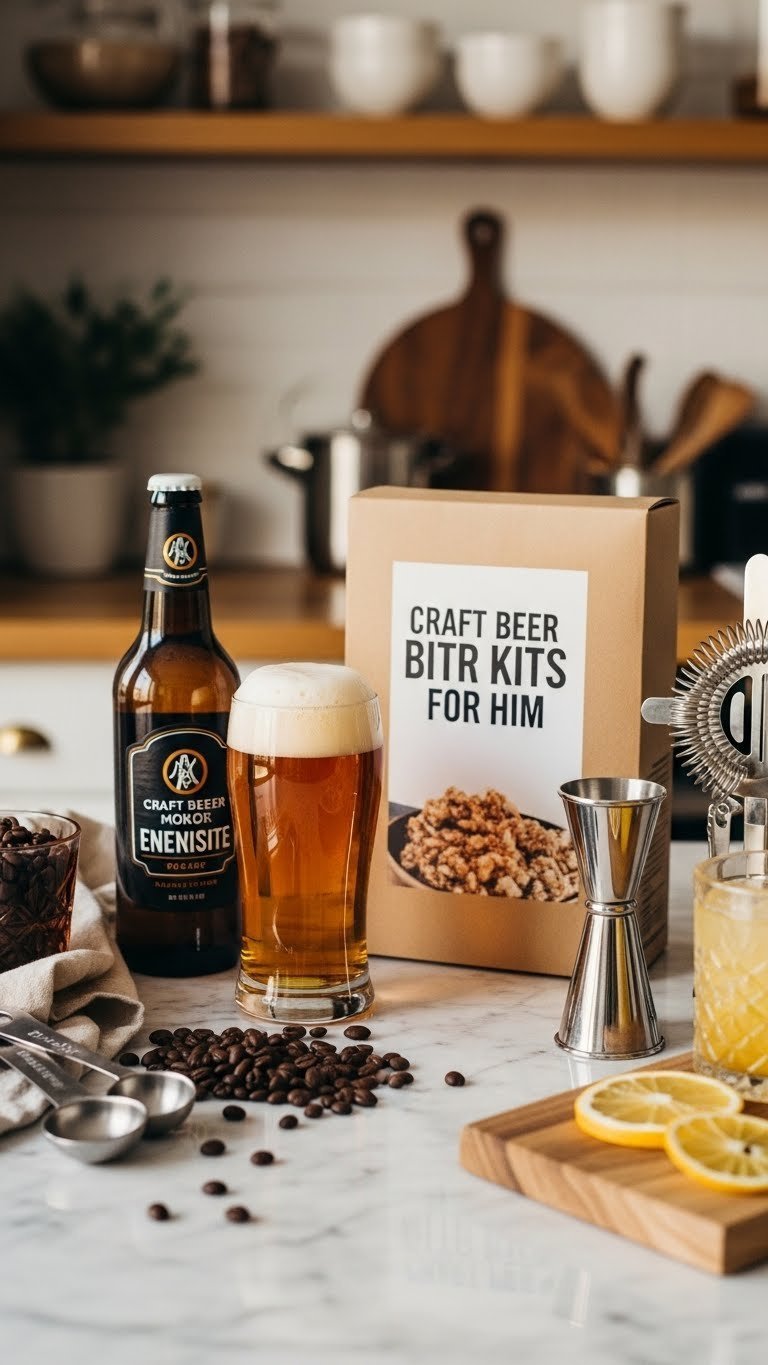 Gourmet craft beer brewing kit with artisan coffee beans and cocktail mixing set on marble countertop with warm golden hour lighting