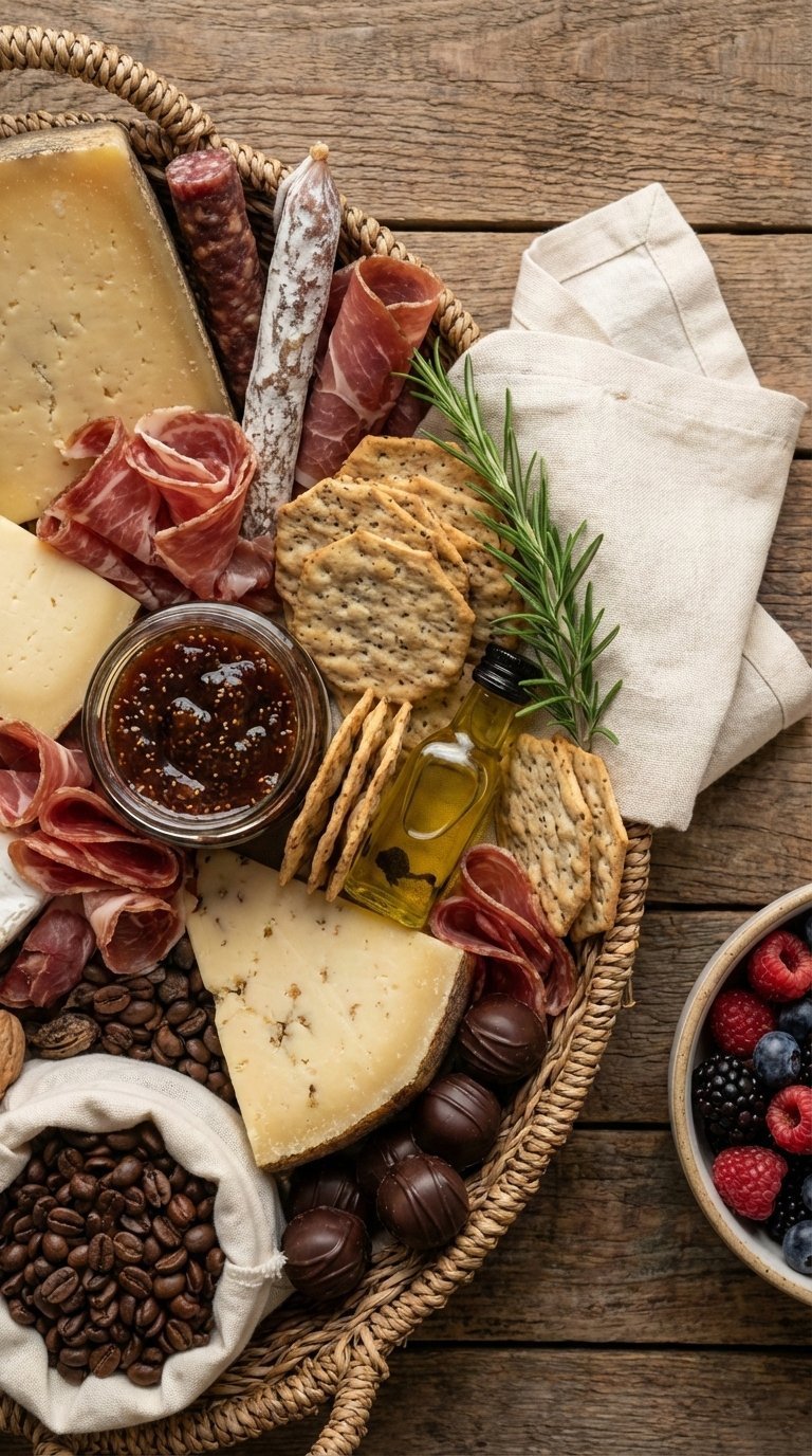 Gourmet food basket filled with artisanal treats arranged on rustic wooden table with fresh berries.