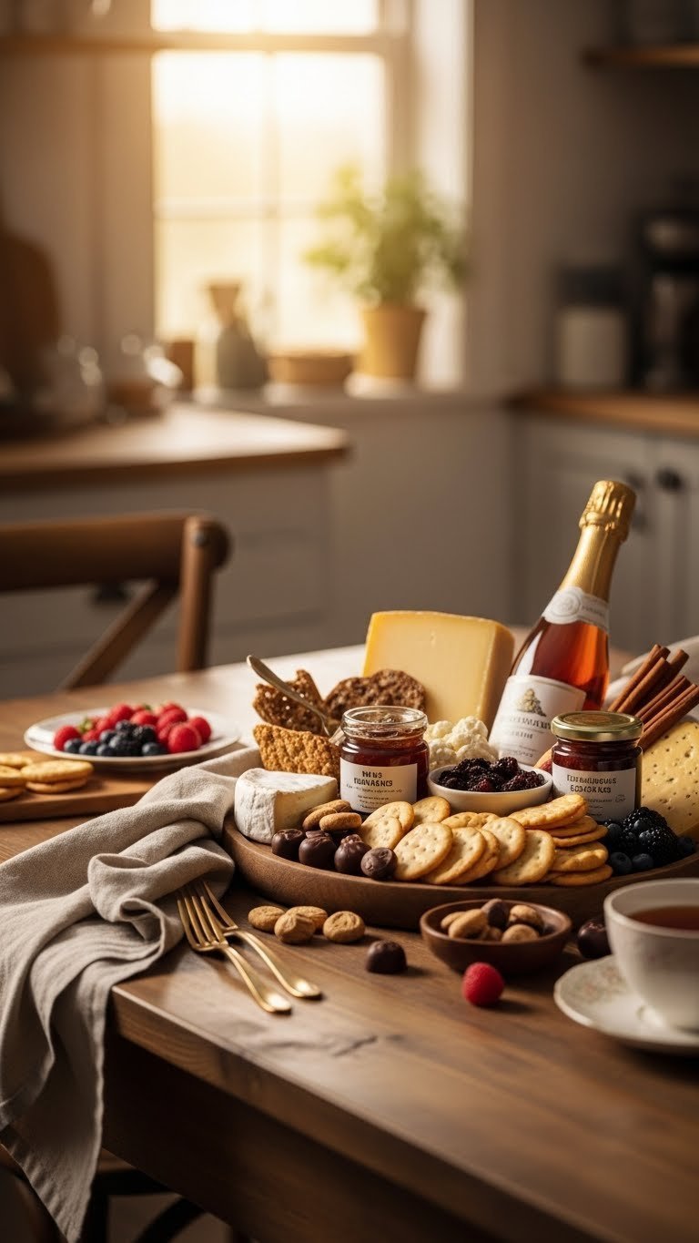 Gourmet food basket overflowing with artisanal cheeses and crackers on rustic table