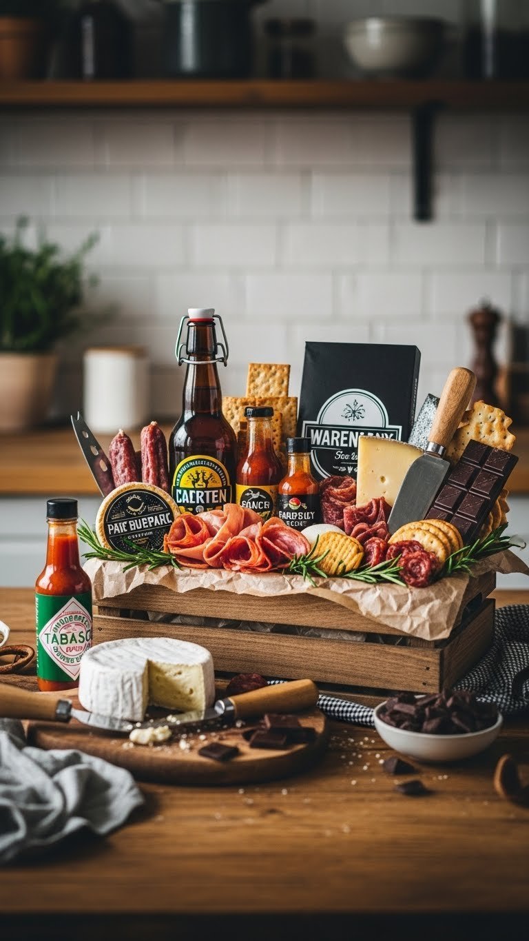 Gourmet food basket overflowing with artisanal cheeses, cured meats, craft beer, and chocolate on rustic wooden table