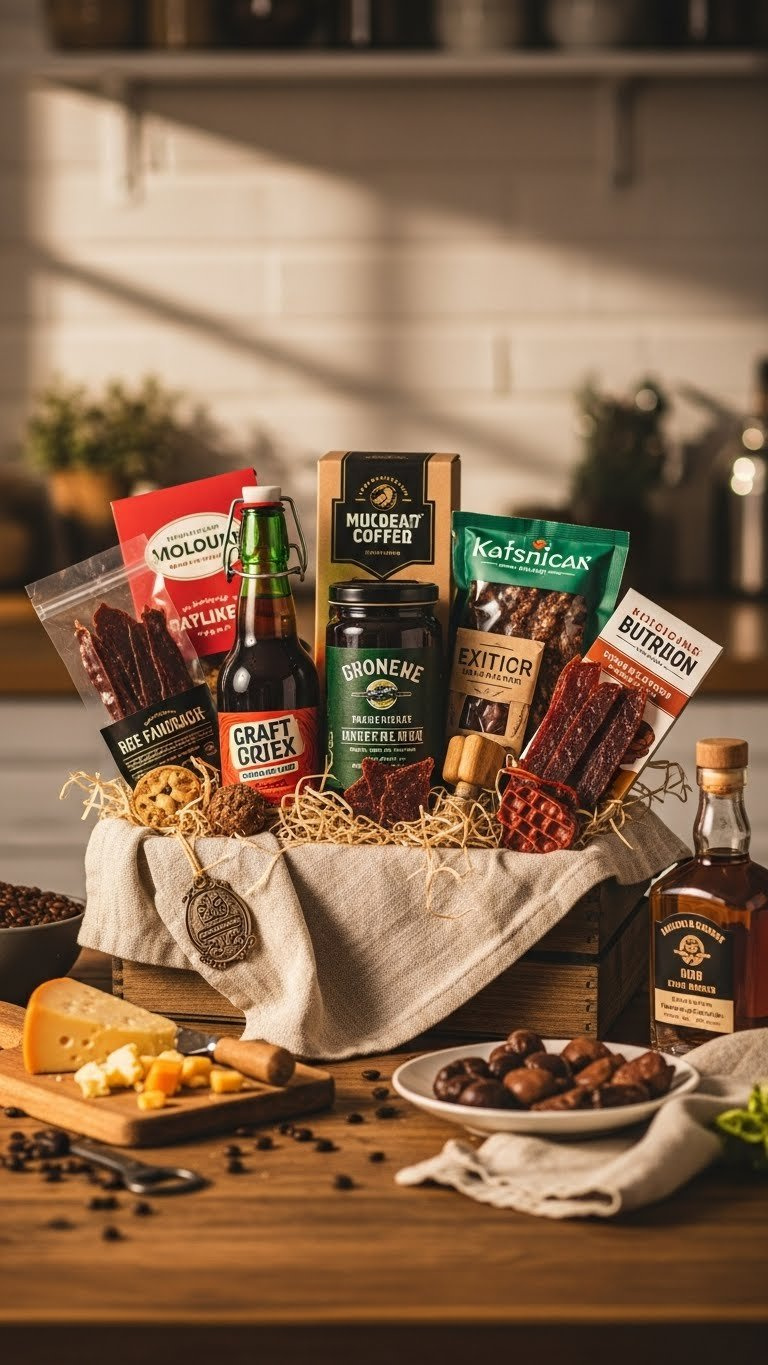 Gourmet food basket overflowing with artisanal snacks and craft beer on rustic table