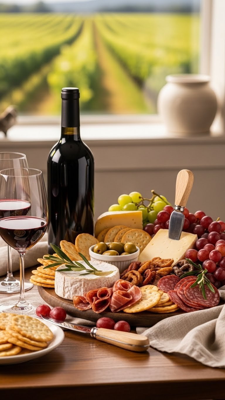Gourmet food basket with artisanal cheese, wine, and cured meats on rustic wooden table with vineyard background