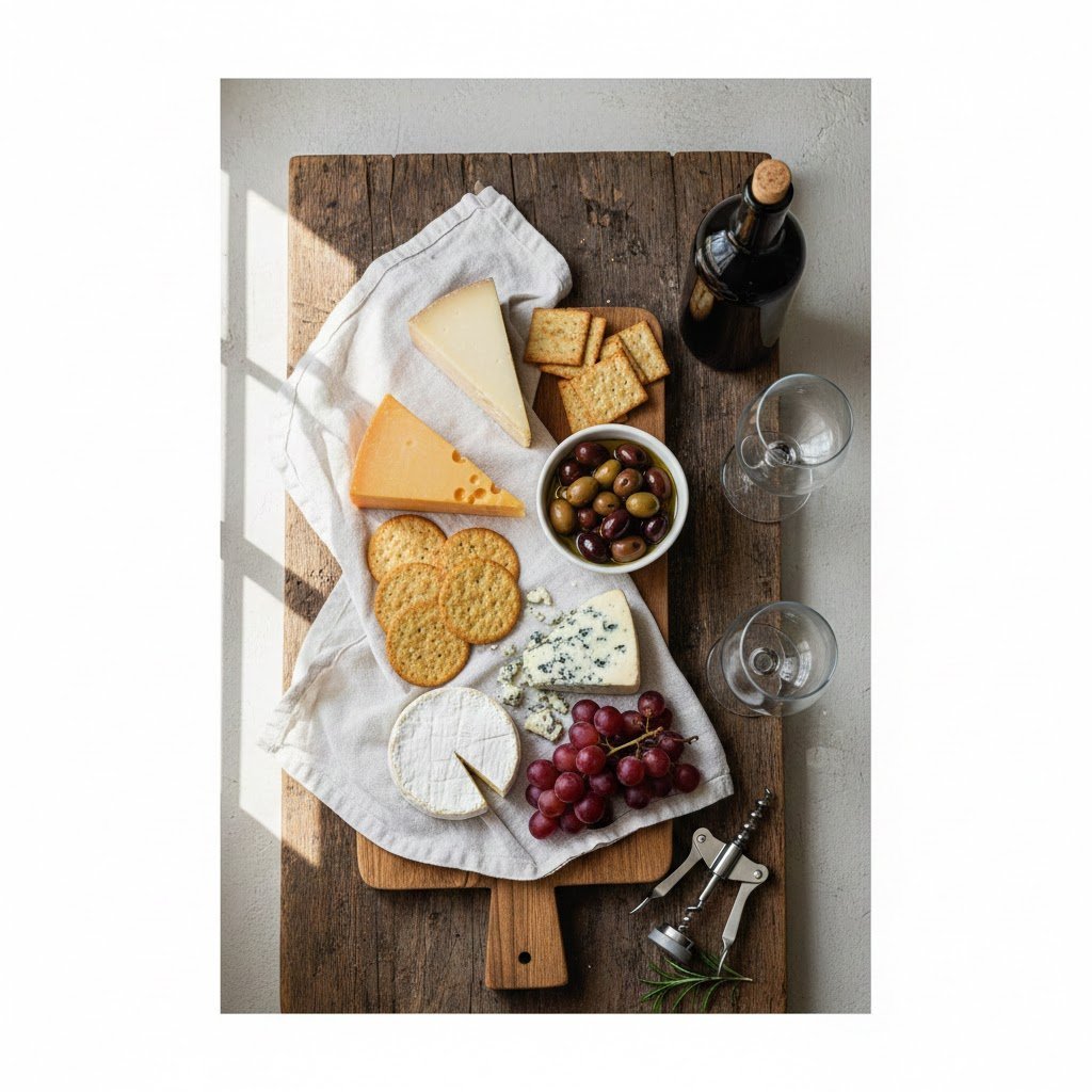Gourmet food basket with artisanal cheeses, crackers, wine, and olives arranged on rustic wooden board