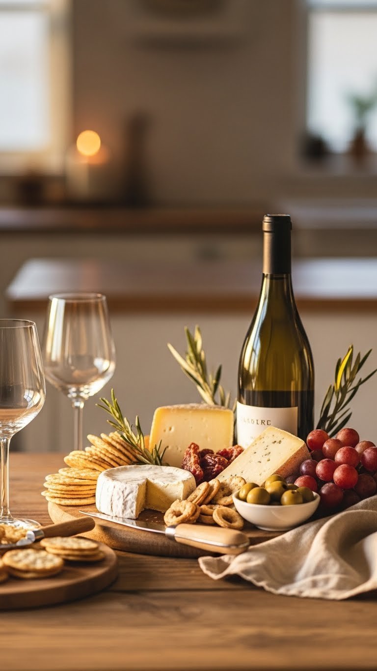 Gourmet food basket with artisanal cheeses, fine wine, crackers, and grapes on rustic wooden table.