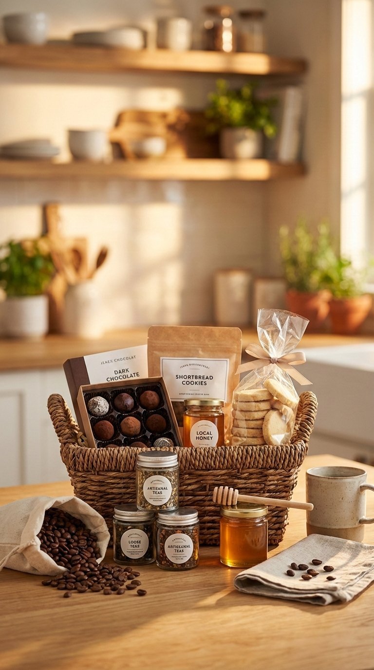 Gourmet food basket with coffee beans, artisanal teas and gourmet cookies arranged on rustic wooden table with golden hour lighting