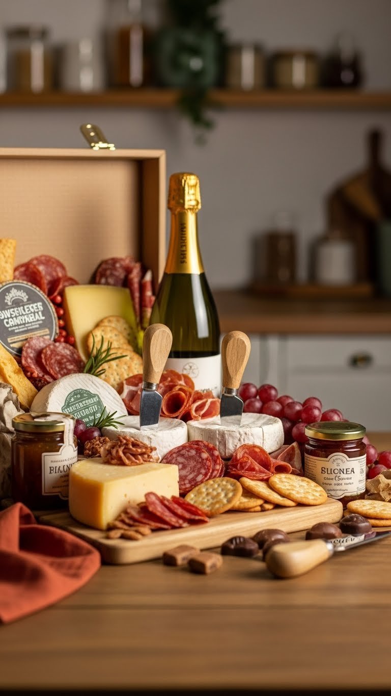 Gourmet food hamper overflowing with artisanal cheeses and wine displayed on rustic wooden table