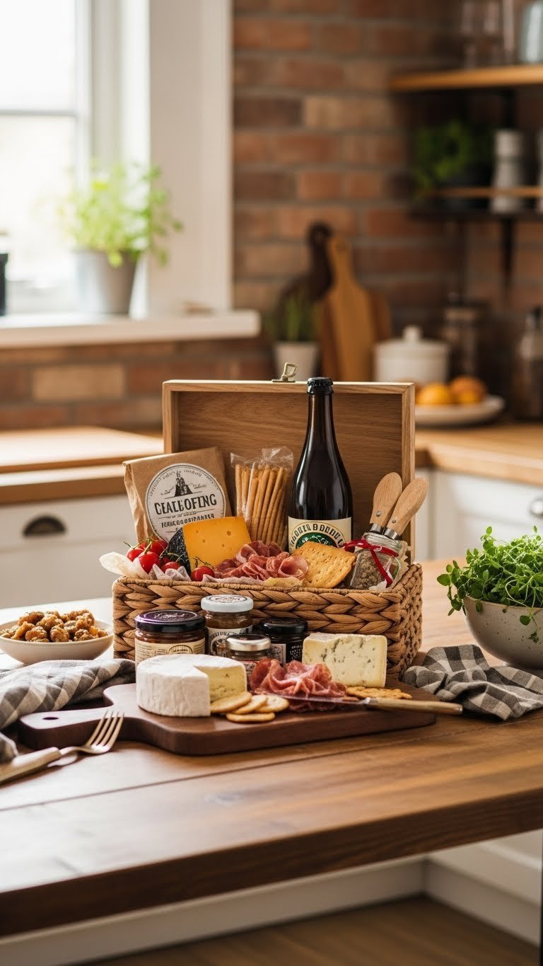 Gourmet food kit with artisan cheeses, cured meats, craft beer, and crackers arranged on rustic wooden counter.