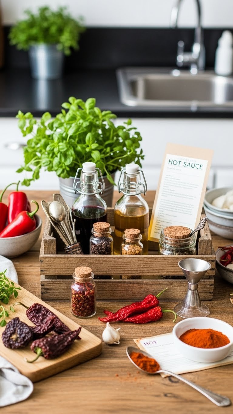 Gourmet hot sauce making kit with glass bottles, dried chili peppers, spices, and recipe card in rustic wooden crate.