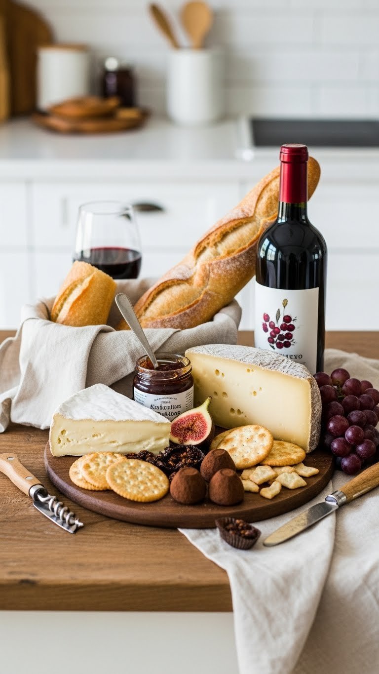 Gourmet picnic basket overflowing with artisanal cheeses, baguette, fig jam, red wine, and chocolate truffles on rustic table