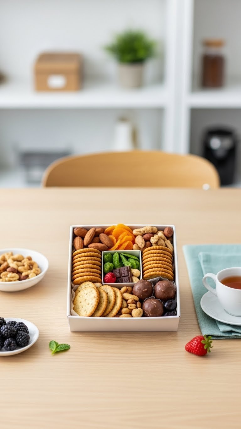 Gourmet snack box with nuts and dried fruit arranged on light wooden table in flat lay style