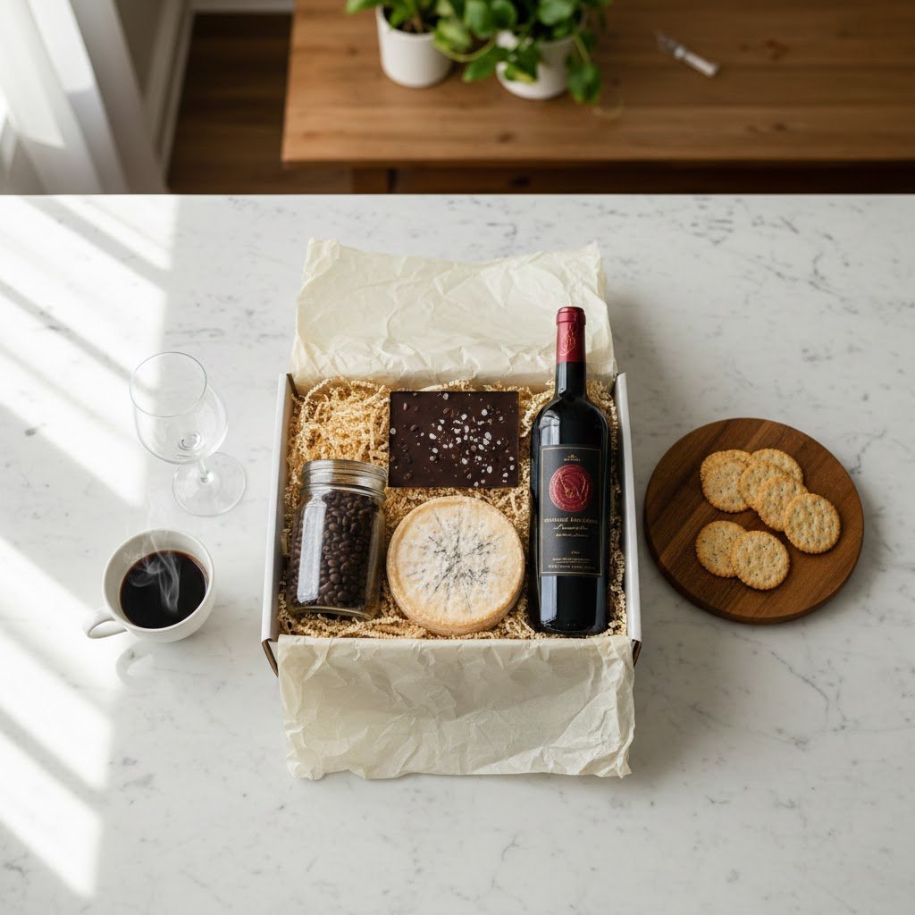Gourmet subscription box contents including artisanal cheeses and wine on marble countertop