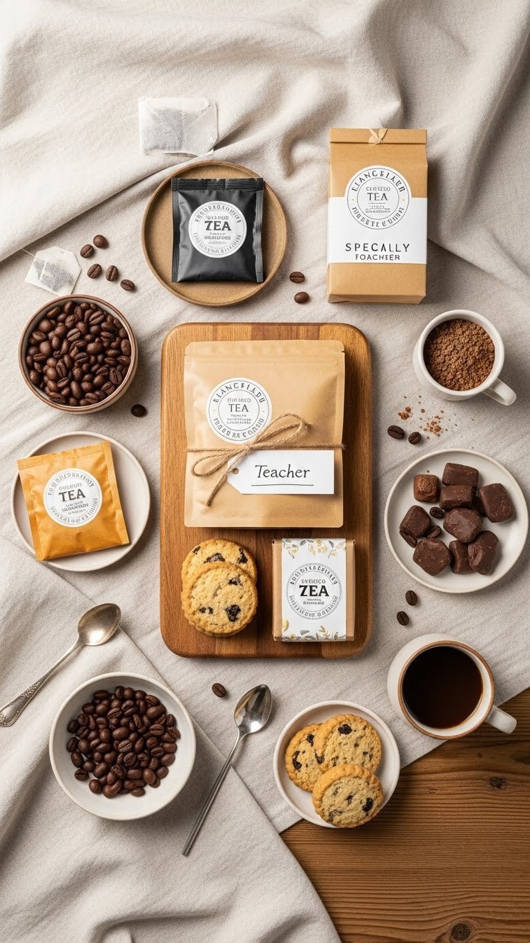Gourmet teacher gift assortment with coffee beans, chocolates, and cookies displayed on rustic wooden board