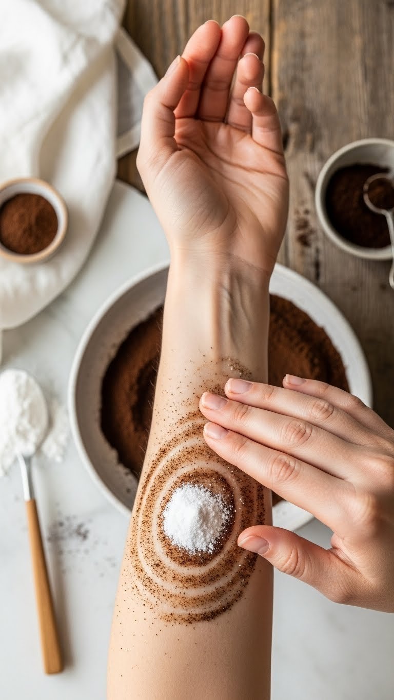 Grainy baking soda coffee grounds paste being massaged in circular motions on arm skin for natural exfoliation with rustic background elements.