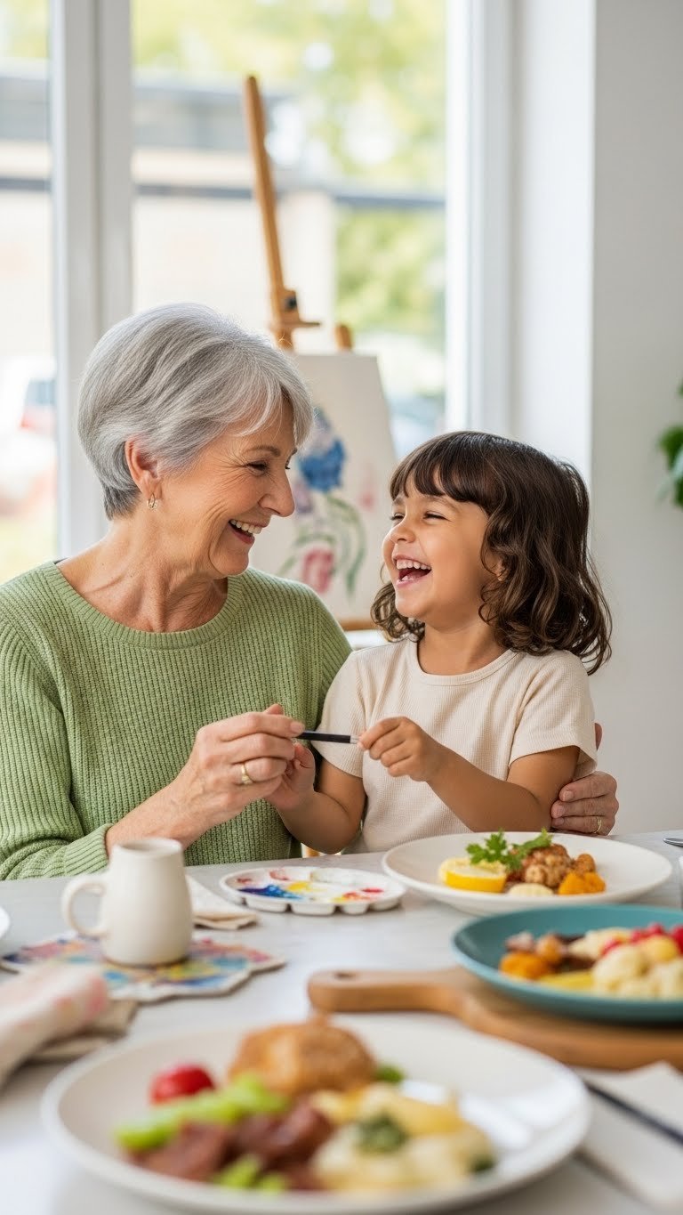 Grandmother and grandchild laughing together while painting ceramics in bright art studio with natural daylight