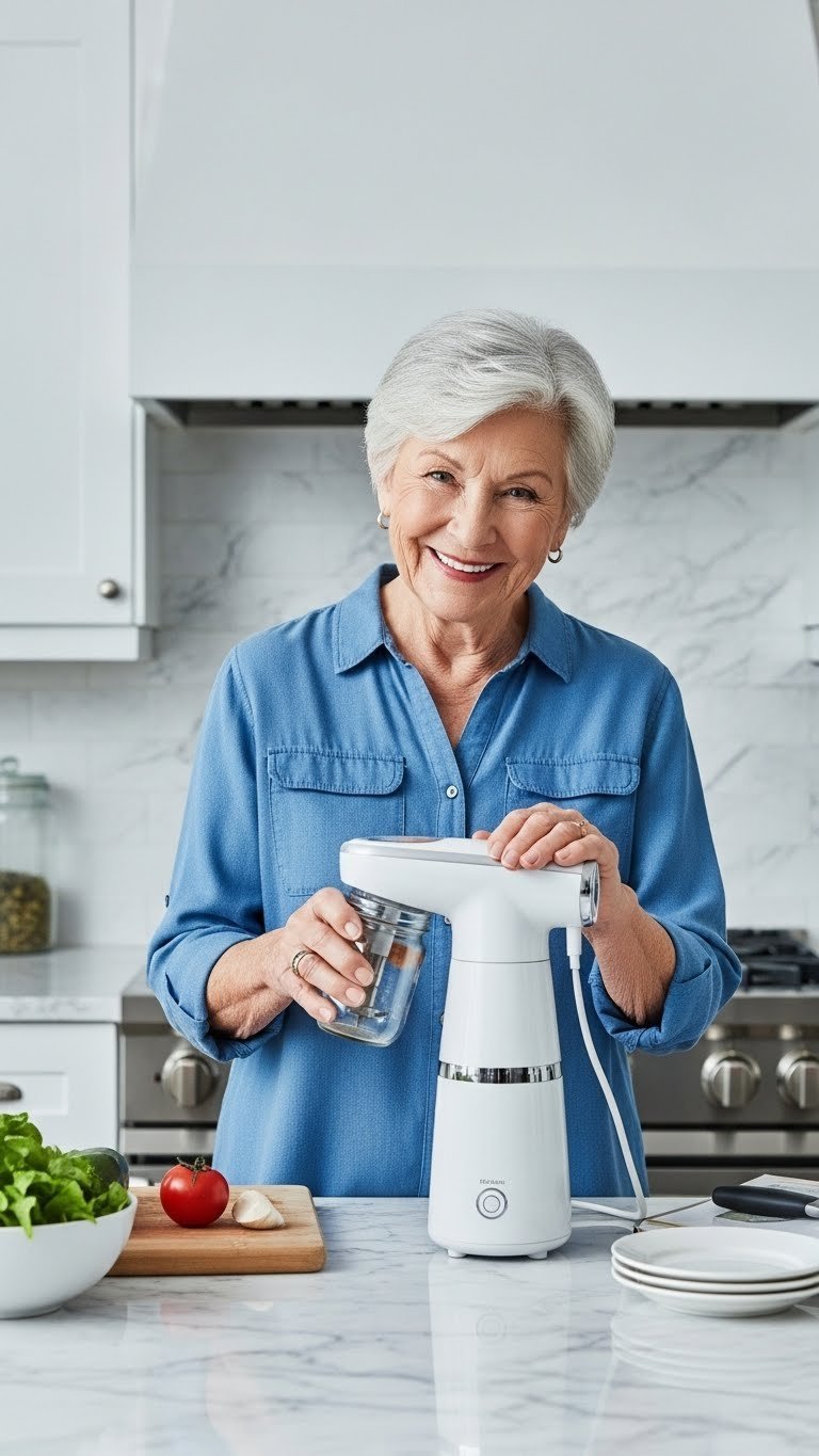 Grandmother smiling while using automatic jar opener with fresh ingredients on marble kitchen countertop