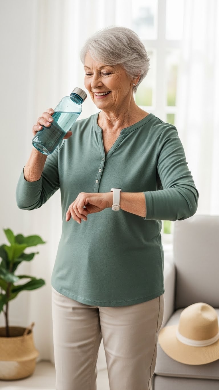 Grandmother wearing minimalist fitness tracker during light walk in natural park setting with greenery