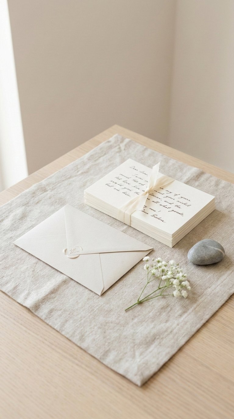 Group gift contribution with handwritten thank you notes and gift envelope arranged on natural linen fabric flat lay