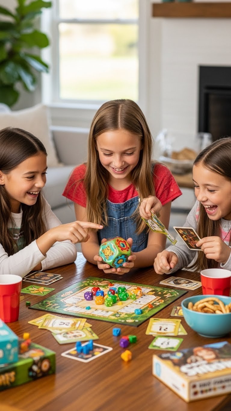 Group of girls enthusiastically playing narrative dice game around rustic wooden table with colorful game components scattered.