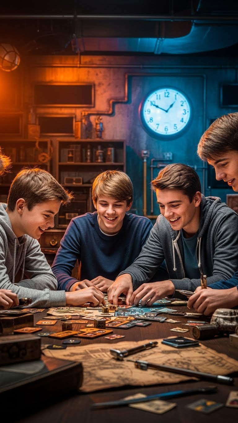 Group of teenage boys enthusiastically solving puzzle in dimly lit escape room with clock counting down background