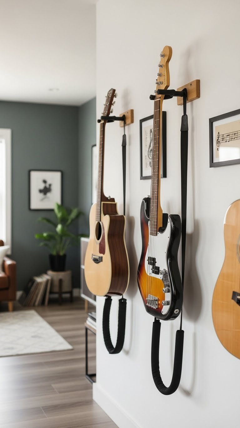 Guitars mounted on wall hangers on textured brick wall with framed music print and plant decor in organized music room.