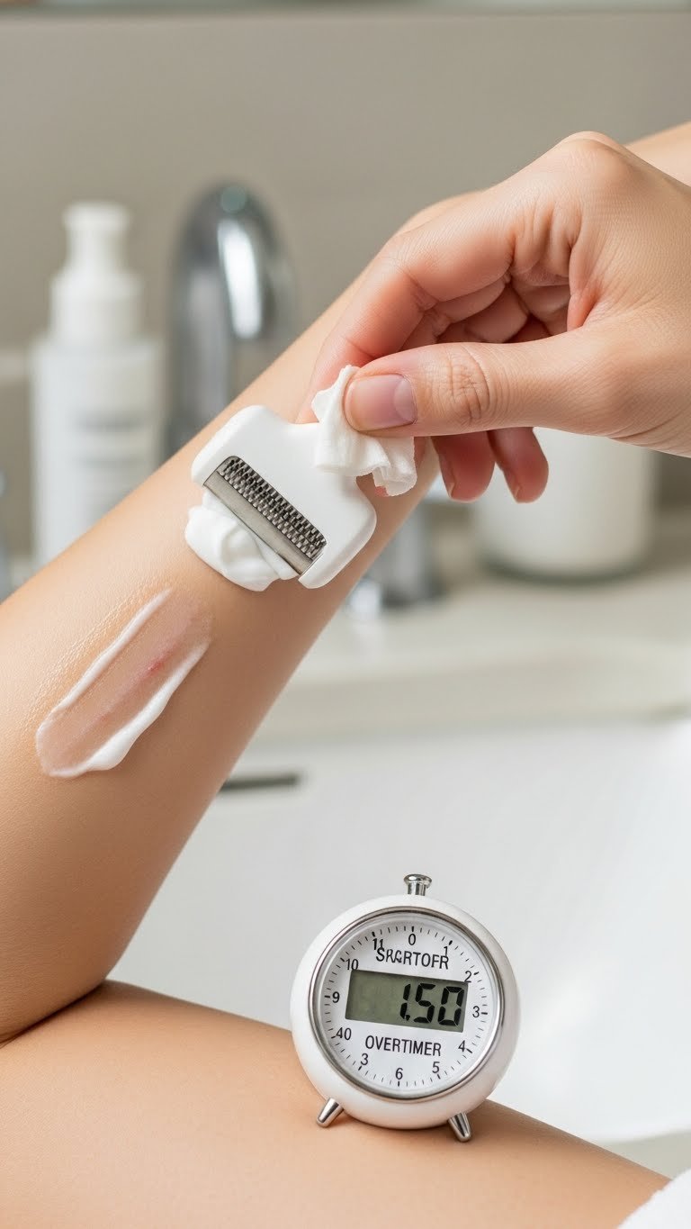 Hair removal cream troubleshooting showing minor redness and overtimed application with cautionary bathroom setting.