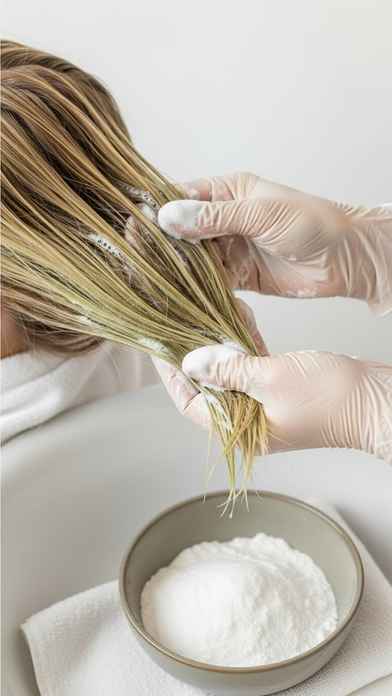 Hair treatment process showing baking soda paste being massaged into colored hair strands for dye removal