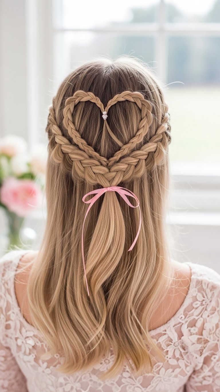 Half-up heart braid updo hairstyle with delicate ribbon accents in bright airy outdoor setting