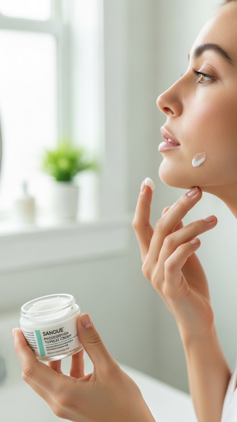 Hand applying dermatologist-approved topical cream to woman's jawline for medical hair reduction in clean bathroom