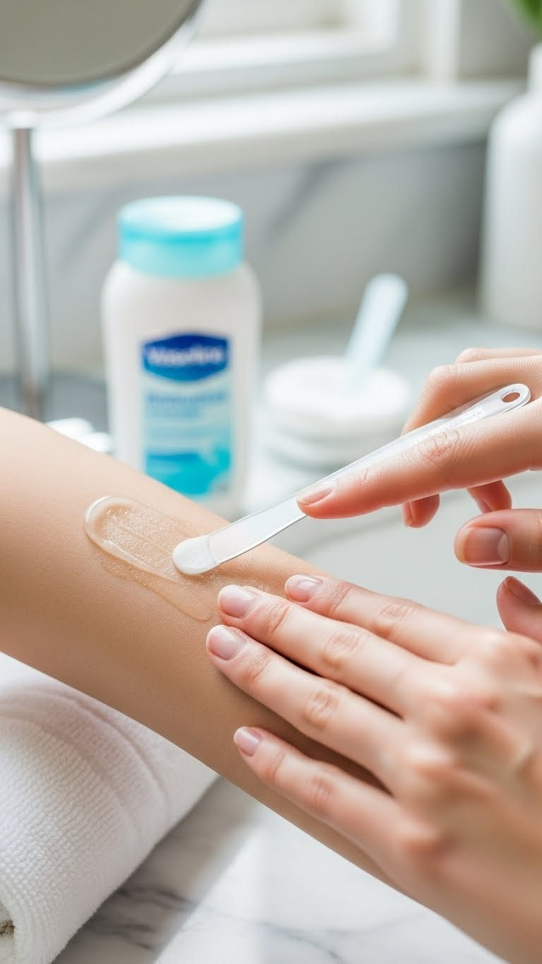 Hand applying glossy Vaseline layer to smooth skin for hair removal preparation in professional macro photography