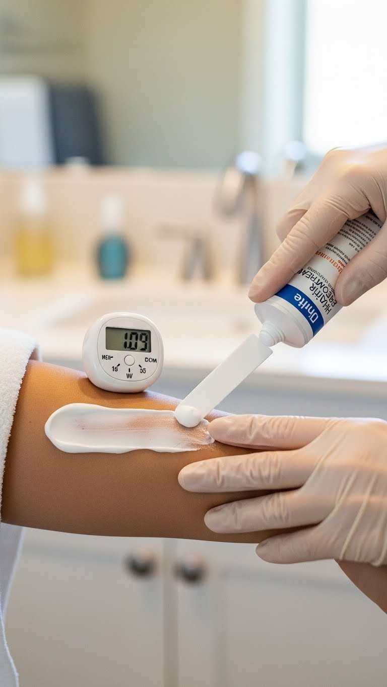 Hand applying thick depilatory cream evenly to skin with timer visible in soft bokeh bathroom vanity background.