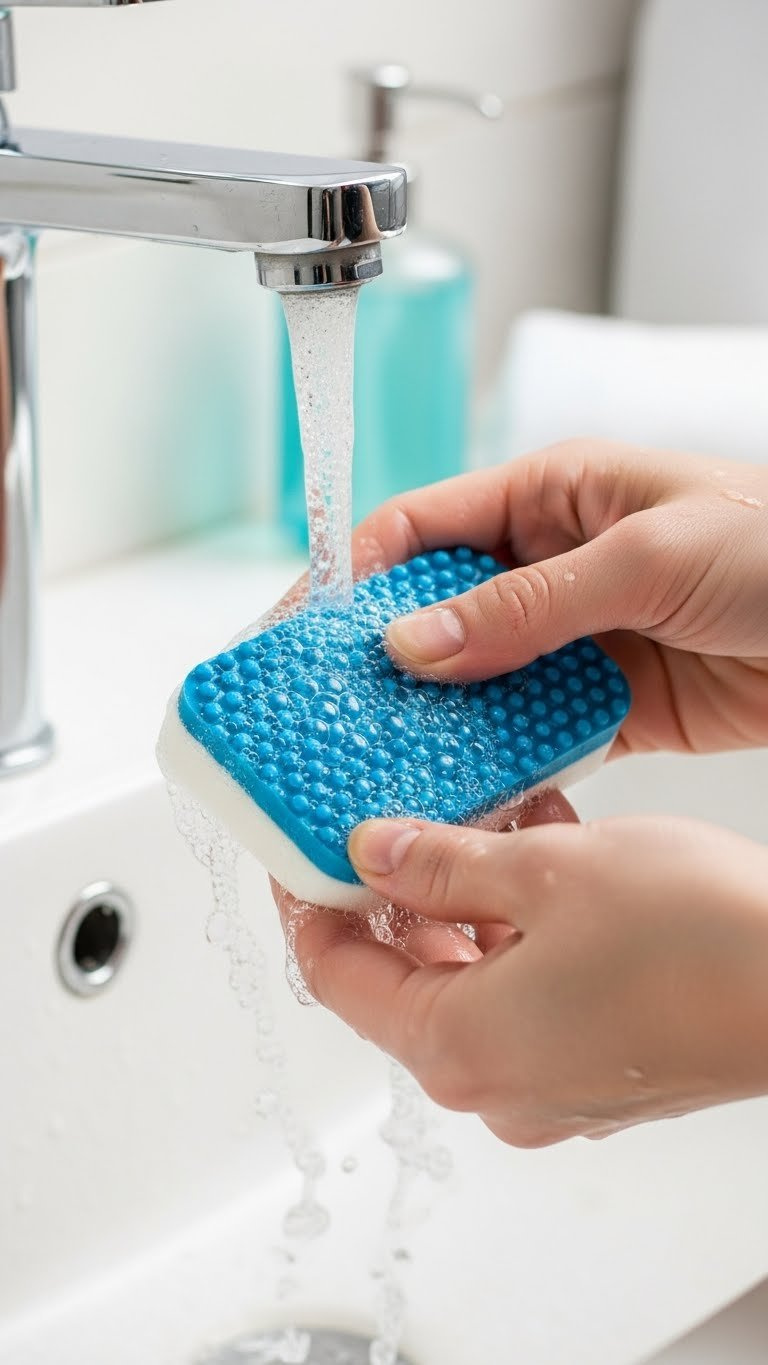 Hand cleaning hair removal eraser under running water with soap bubbles for hygiene maintenance