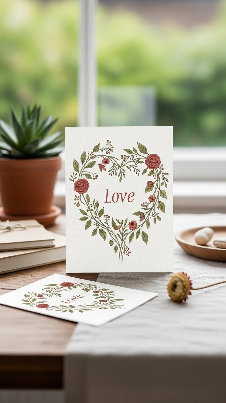 Hand-drawn botanical love wallpaper with delicate vine illustrations forming hearts and roses on earthy natural background