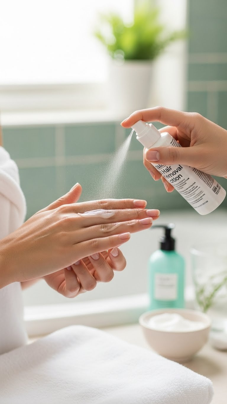 Hand gently applying post-hair removal moisturizing lotion to smooth hydrated skin on white towel