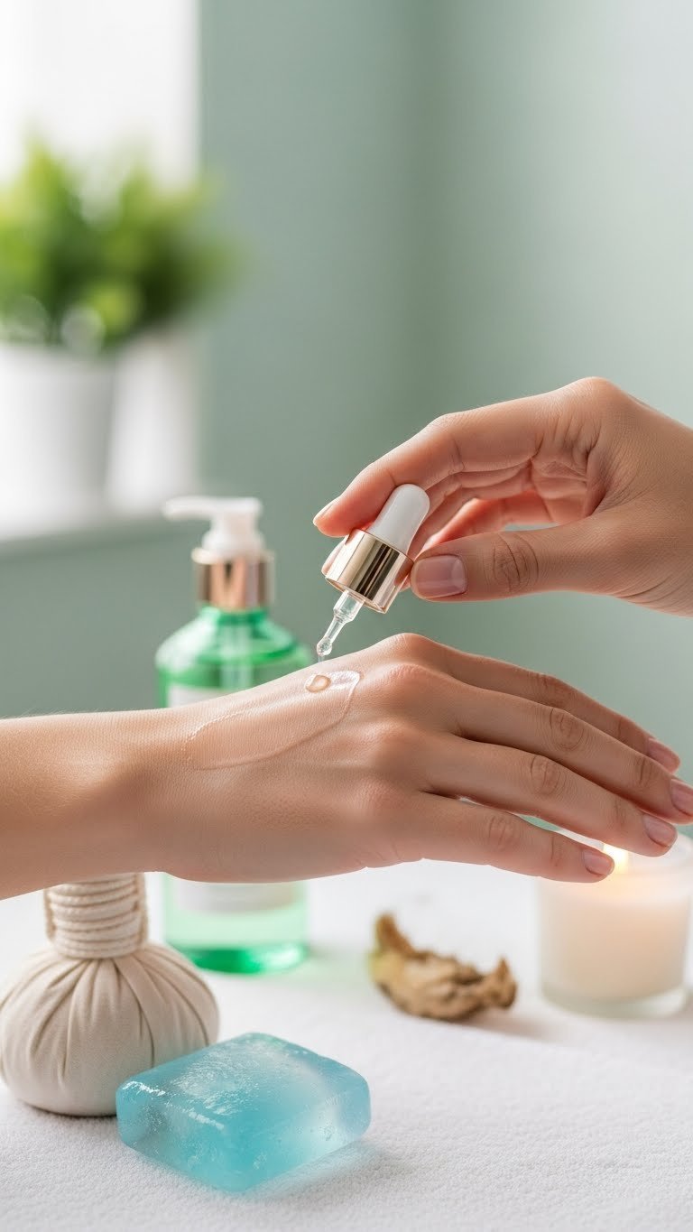 Hand gently applying soothing after-wax oil to freshly waxed skin on soft linen towel