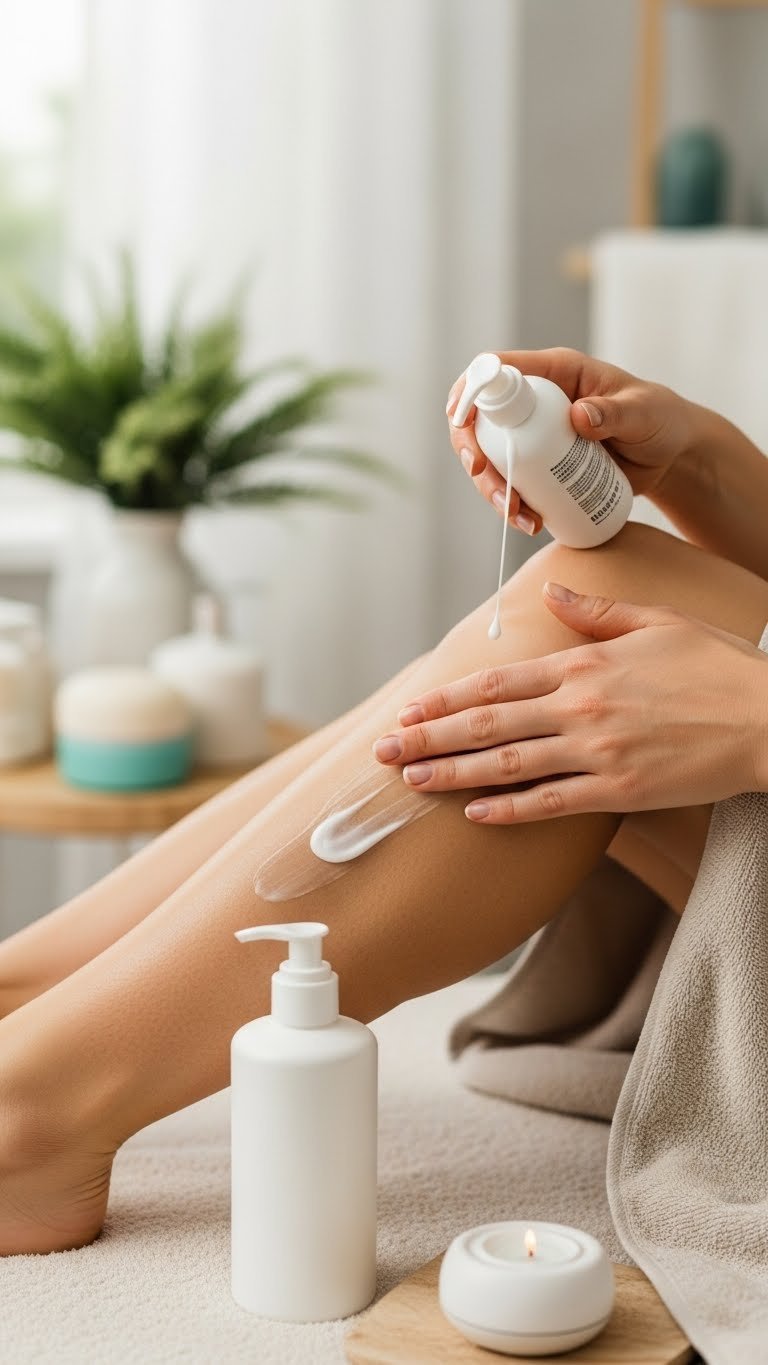 Hand gently applying soothing moisturizer to freshly epilated skin on soft towel with soft natural lighting