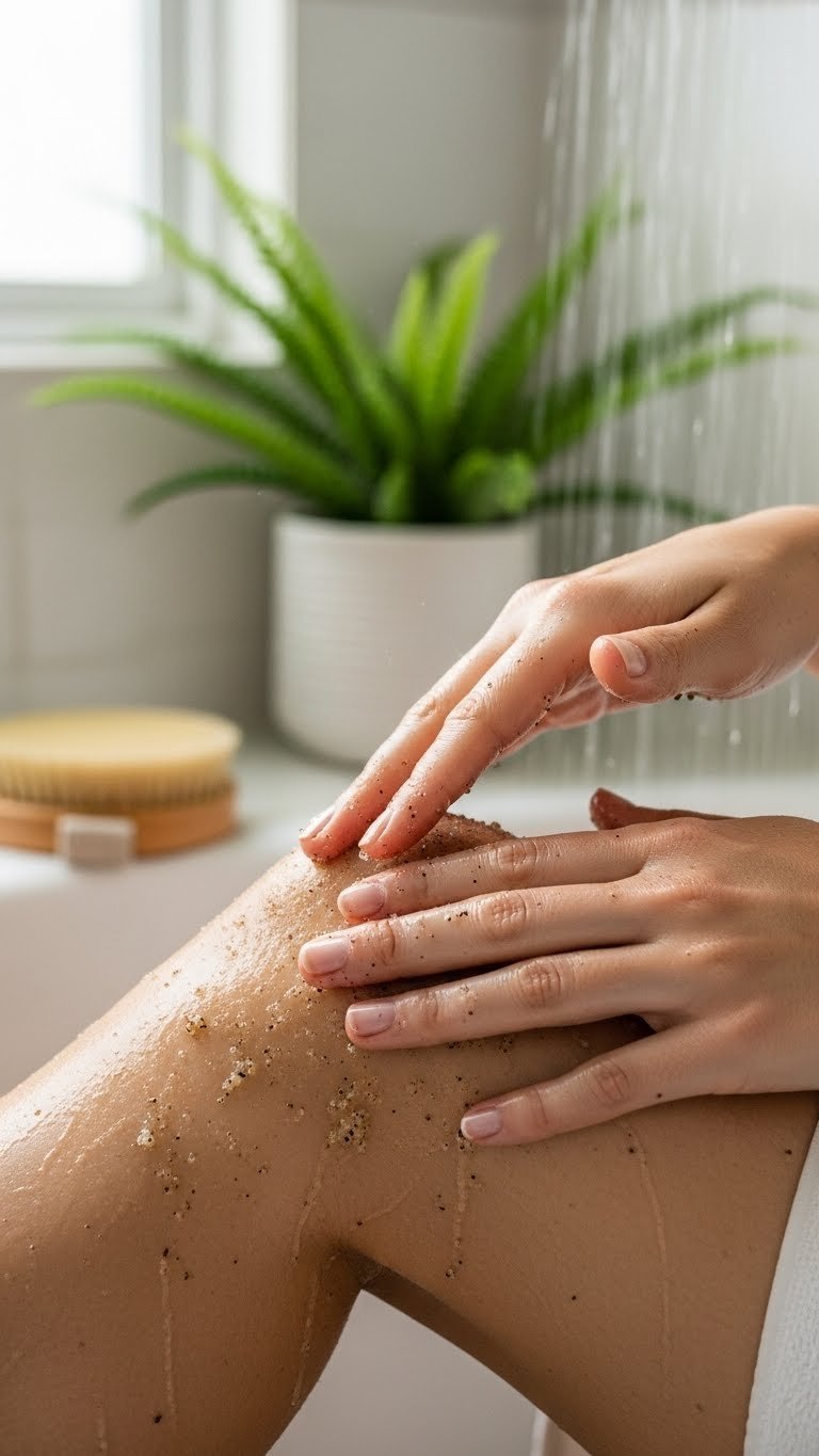 Hand gently massaging natural exfoliating scrub on skin in shower environment with water droplets