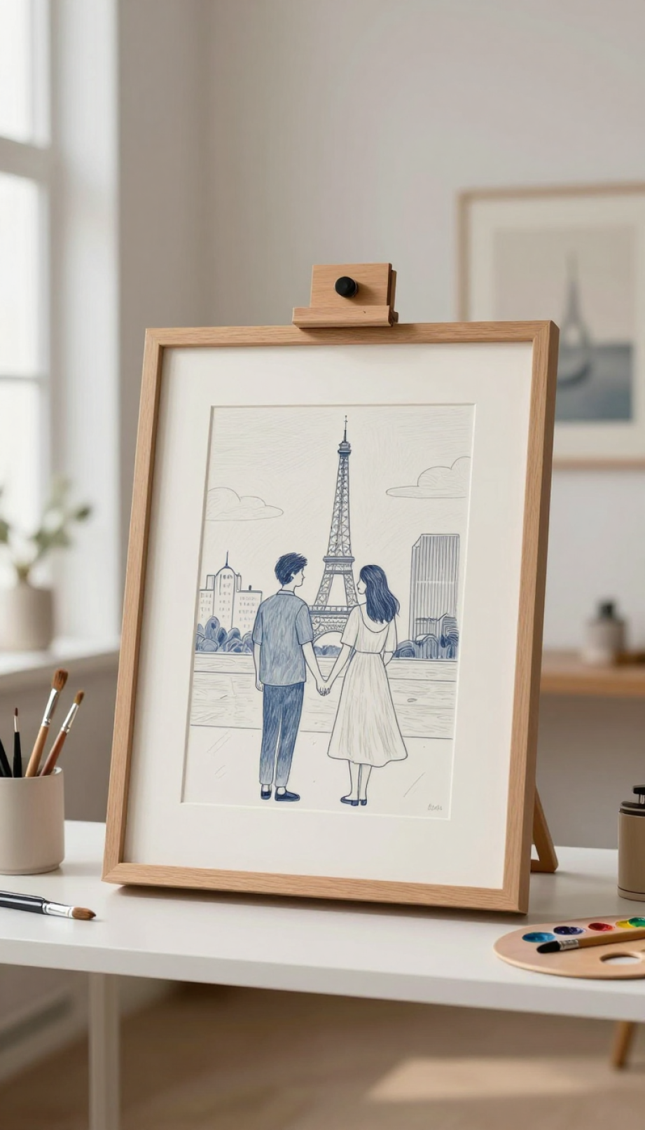Hand-painted custom artwork depicting meaningful scene displayed on easel with soft natural lighting
