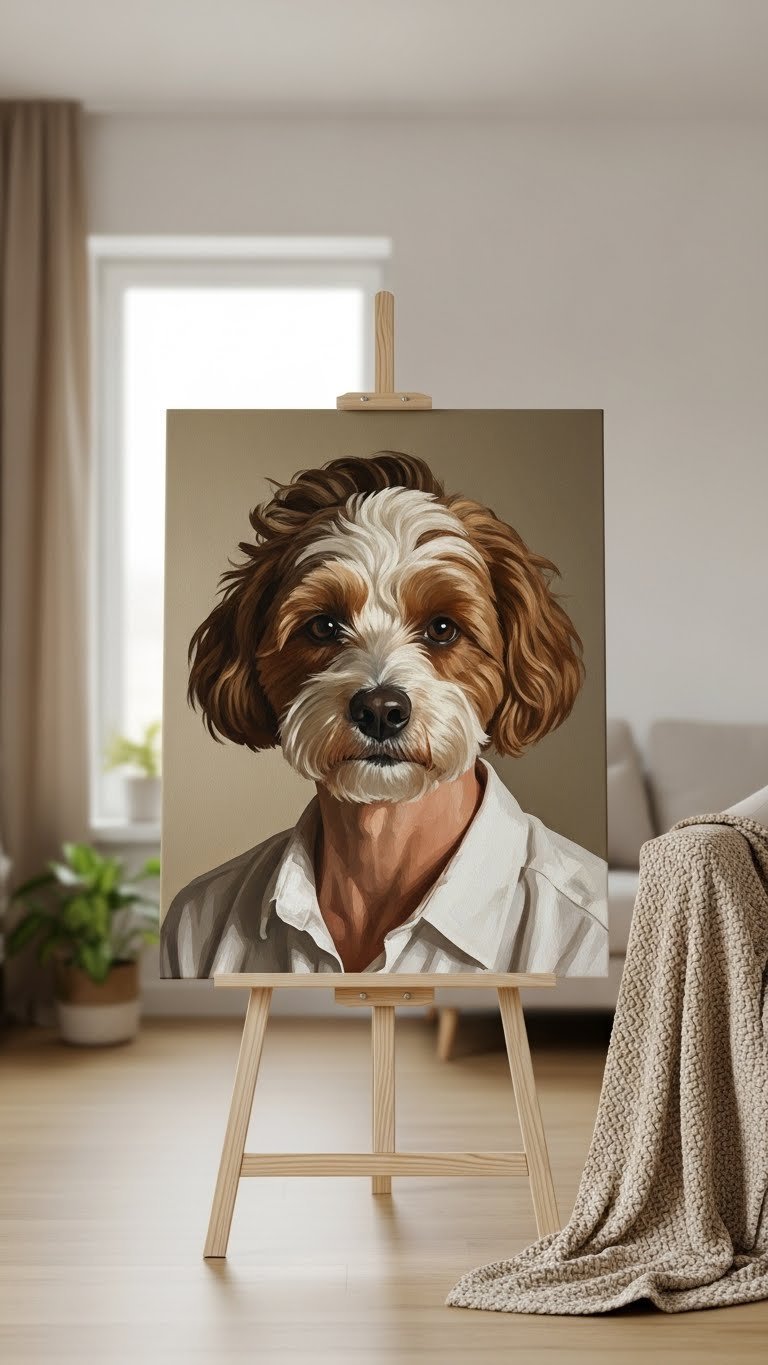 Hand-painted portrait canvas on easel with fine brushwork capturing facial expressions in warm cream and golden brown tones.