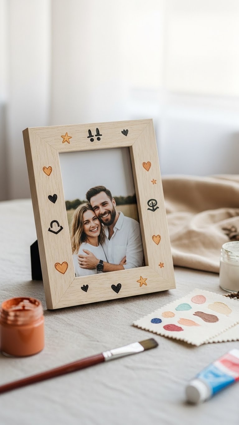 Hand-painted wooden photo frame with personalized motifs holding candid couple photo on fabric surface with soft window light