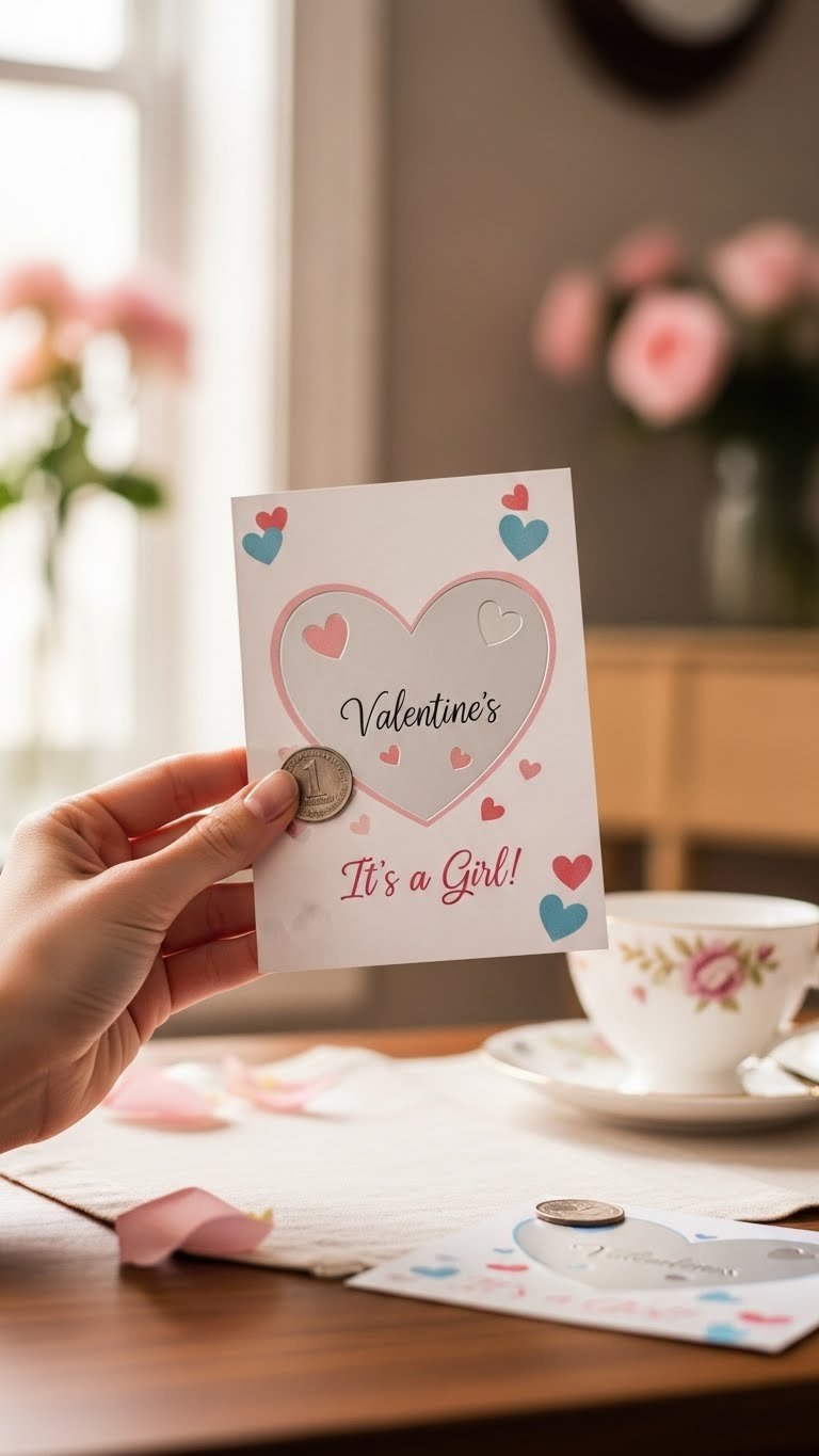 Hand scratching silver heart on Valentine card revealing baby boy or girl gender announcement message