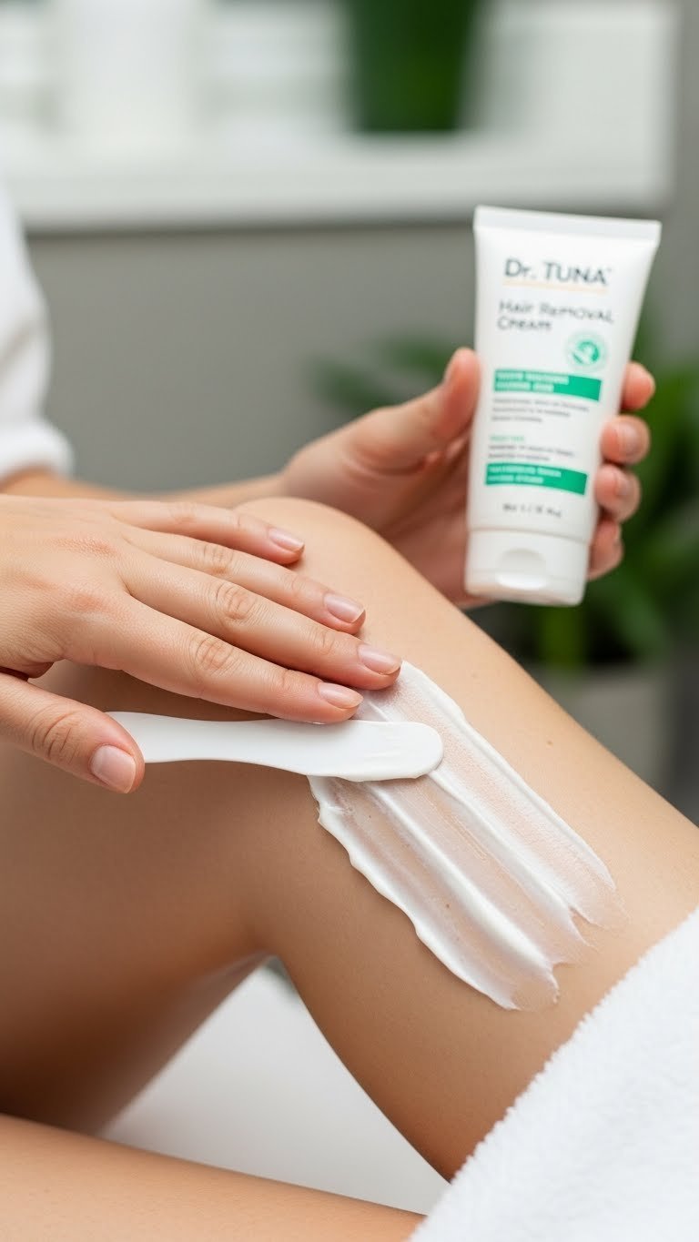 Hand spreading Dr. Tuna Hair Removal Cream evenly on leg skin for smooth application