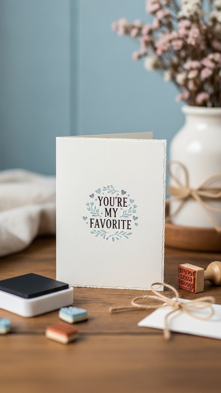 Hand-stamped Valentine card featuring YOU'RE MY FAVORITE script text with floral accents on rustic wooden table background