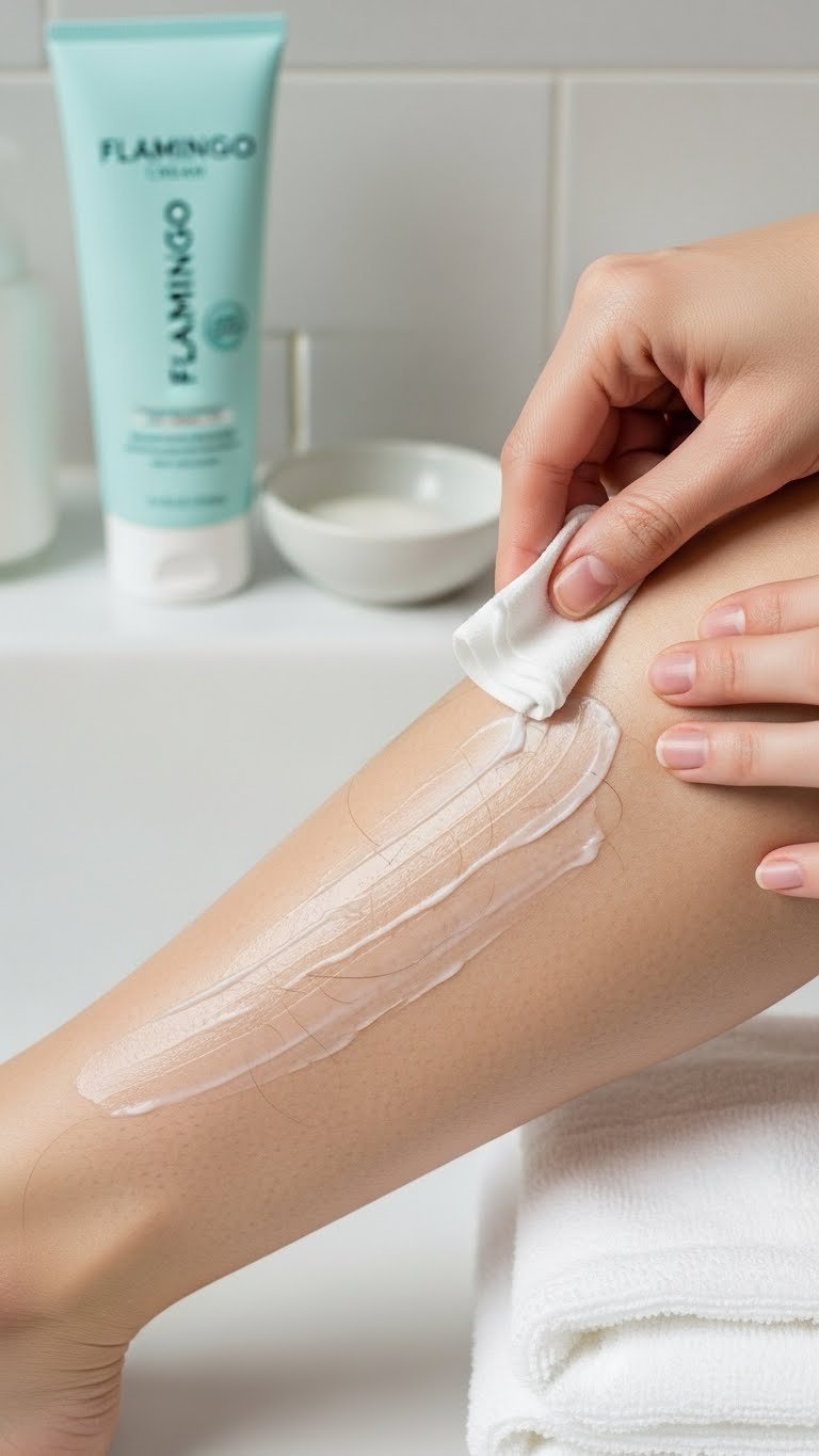Hand wiping Flamingo hair removal cream and dissolved hair from smooth skin.